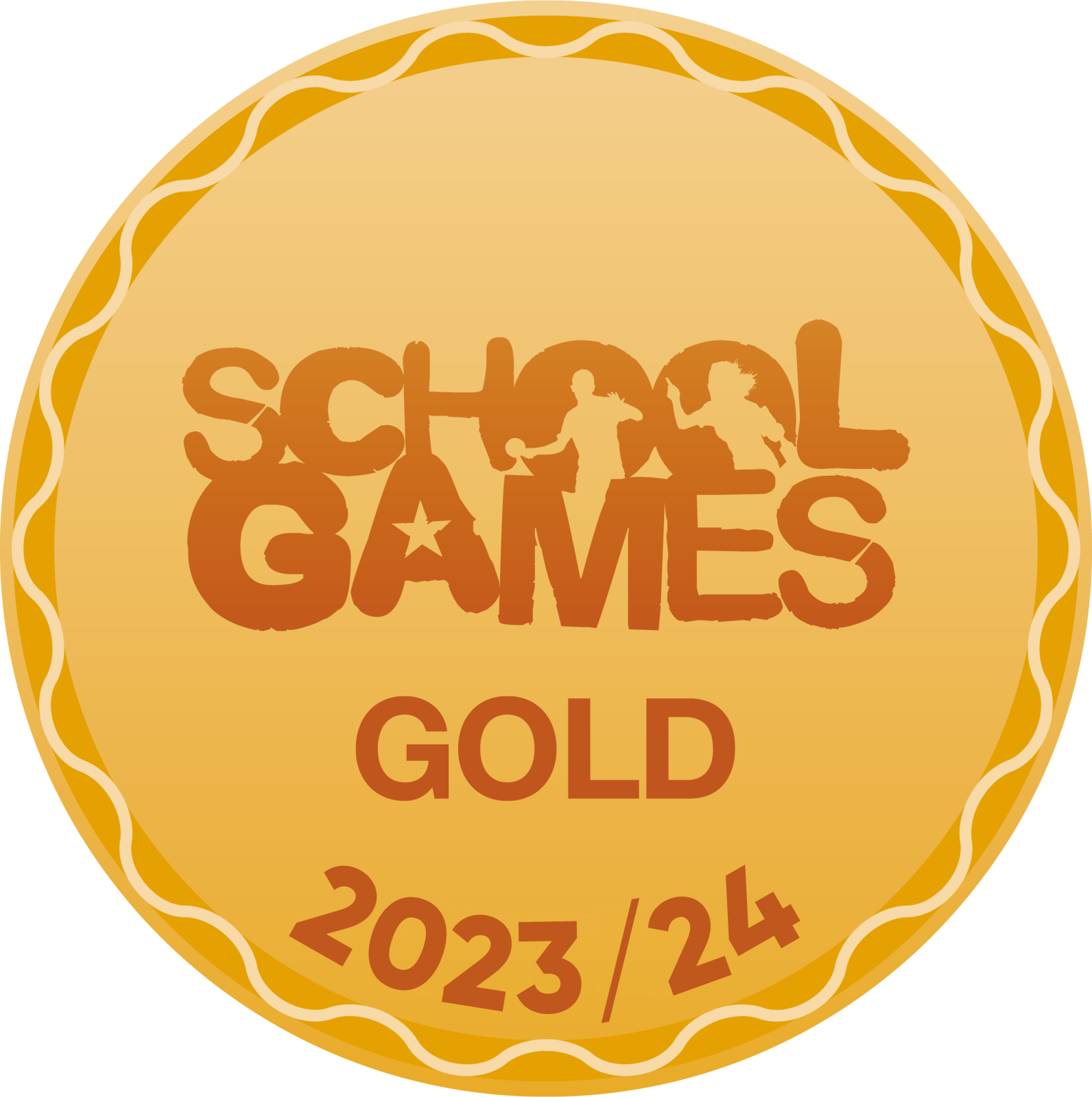 The image is of a gold medal in a sleek, modern design with the School Games logo and the year 2023-2024. The background of the 'oo' in 'school' are silhouettes of young athletes engaging in various sports, symbolizing teamwork, dedication, and excellence.