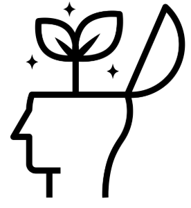 The icon for Growth Mindset features a head with an open top, from which a plant with two leaves is growing. Surrounding the leaves are three diamonds, symbolizing new ideas, potential, and growth. Designed in a simple black-and-white style, this icon represents continuous learning, curiosity, and the belief that abilities can develop over time. The open head signifies openness to new challenges, while the growing plant reflects progress and resilience. The diamonds emphasize the value of knowledge, creativity, and personal development, aligning with the idea that growth comes from effort, learning, and perseverance.