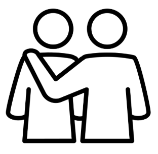 The icon for Respect and Kindness features two figures, one with their arm around the other. The figures are designed in simple, clean lines in black and white, symbolizing care, support, and companionship.