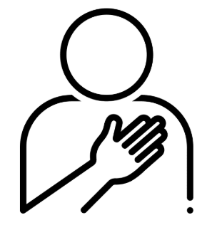 The icon for Responsibility features a single figure with one hand placed on their heart. Designed in a simple black-and-white style, this symbol represents integrity, accountability, and personal commitment. The gesture of placing a hand on the heart conveys sincerity, trustworthiness, and a willingness to take ownership of one's actions. 
