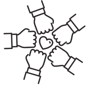 The icon for Teamwork features five fists coming together in the center, surrounding a heart. Designed in a simple black-and-white style, this symbol represents unity, collaboration, and collective effort. The joining of fists signifies strength in working together, while the heart at the center highlights the importance of trust, empathy, and shared purpose. 